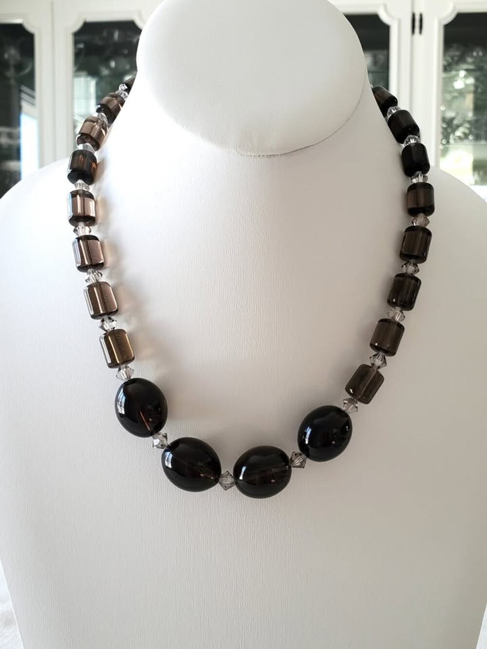 Vintage Handmade Smokey Glass Beaded Necklace with Sterling & Amethyst Box Clasp